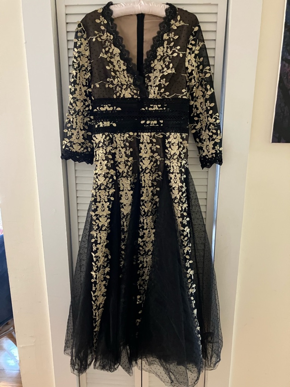 Black and Gold Formal Brocade and Lace Formal Long Sleeve Boutique Dress
